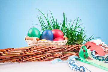 Easter colored eggs on a blue background