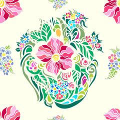 Flower pattern,multicolored on pale beige background.