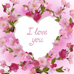 Fototapeta na wymiar Heart in cherry flowers I love you