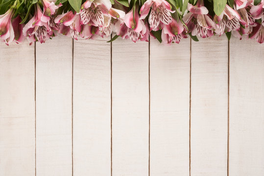 Alstroemeria Flowers on wooden background 