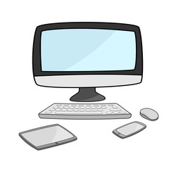 illustration of  computer desktop with smartphone and tablet
