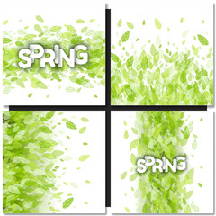 Set of Spring backgrounds with green leaves and letter