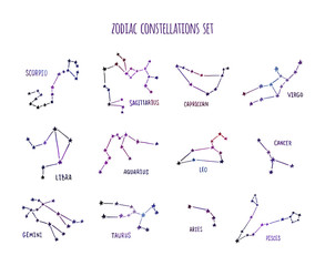 Full zodiac constellation signs set made of stars and lines