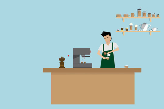 illustration of barista in apron preparing coffee