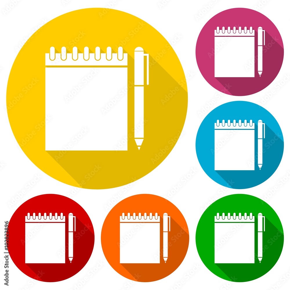 Poster notebook and pencil icons set with long shadow