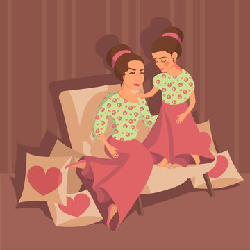 Mother and daughter in the same dresses admired each other sitting on the sofa. Vector illustration