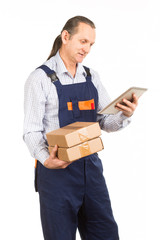 Beautiful portrait of a delivery man. White background.