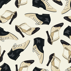 Seamless pattern of elegant women's and man's shoes. Vector
