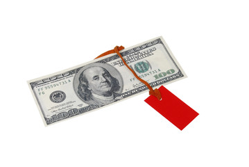 $ 100 bill with a red tag