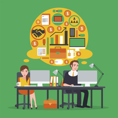 The working process. Young people working in the office and in their heads a lot of new ideas. Vector illustration, infographics