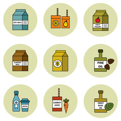 Juice, oils and cereal vector icon set