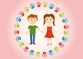 Two children holding hands amorously. Cute background with kids and handprints.