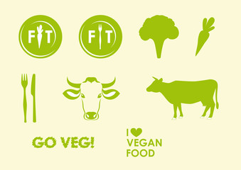 Set vegan and vegetarian icons. Collection green vegetarian food icons. Logo for healthy lifestyle.