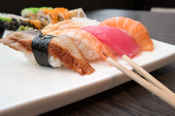 Sushi served in a japanese restaurant