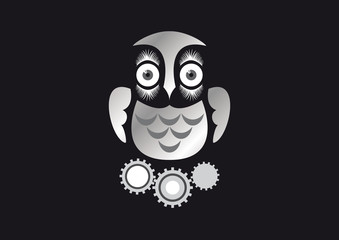 Mechanical owl on a black background. Beautiful graphics owl. Robotic toy bird on a dark background. Steampunk motive.