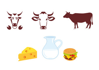 Cow icon and milk products. Logo with cow, logo for milk and meat products.