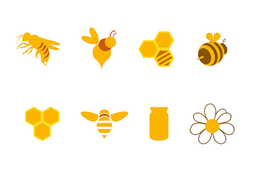 Icons honey and bees. A series of golden bees, honey and honeycombs. Logo for beekeeping. Honey sweet icons.