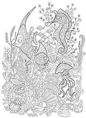 Obraz premium Zentangle stylized cartoon fish, seahorse, jellyfish, crab, shellfish and starfish isolated on white background. Hand drawn sketch for adult antistress coloring page.