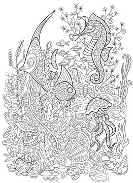 Zentangle stylized cartoon fish, seahorse, jellyfish, crab, shellfish and starfish  isolated on white background. Hand drawn sketch for adult antistress coloring page.