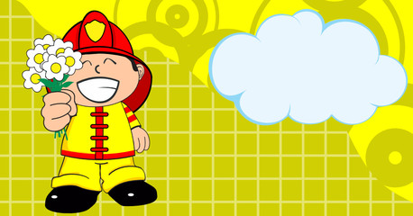 cute young firefighter kid cartoon background in vector format