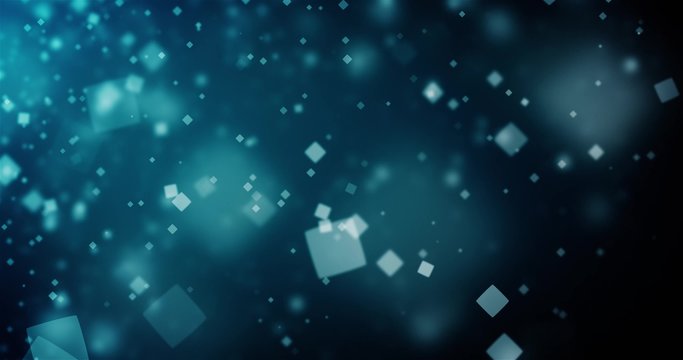 High quality looping animation of abstract dark blue background with square bokeh defocused lights (seamless loop, 4K)