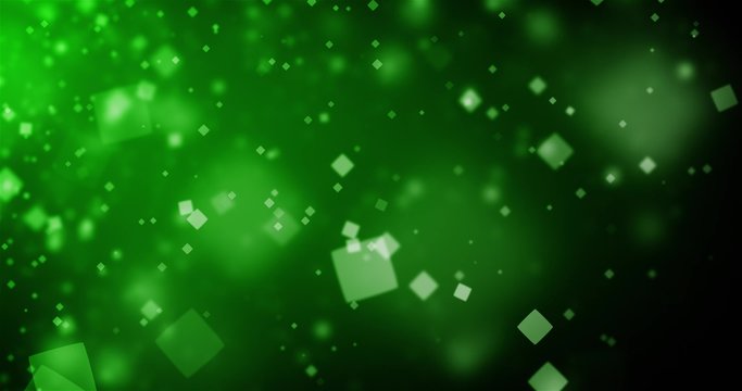 High quality looping animation of abstract dark green background with square bokeh defocused lights (seamless loop, 4K)