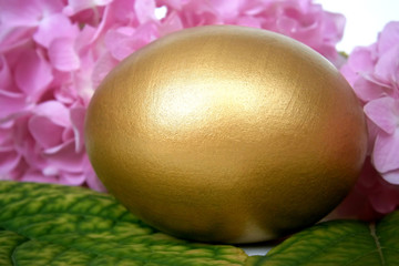 Golden egg and hydrangea flower