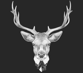 Portrait of Deer in suit. Hand drawn illustration.