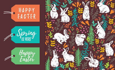 Obraz na płótnie Canvas Vector set of Easter tags and seamless pattern