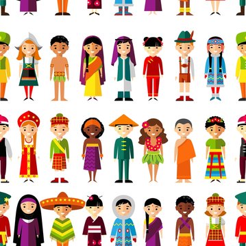 Seamless background with set of multicultural national children.