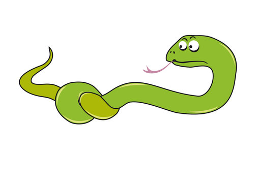 Cartoon character snake. Knotted snake in trouble. Distracted reptile that has on the body node.