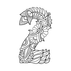 Number 2 on white. Hand drawn illustration of numerals. Vector