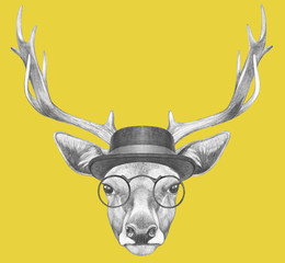 Portrait of Deer with glasses and hat. Hand drawn illustration.