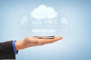 male hand with smartphone and weather cast