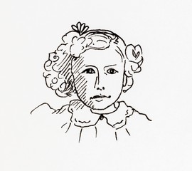Original ink line drawing. Portrait of an Edwardian girl.