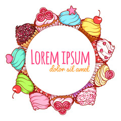 Round banner with different cupcakes.