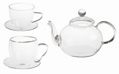 Set empty glass tea cups with teapot isolated on white