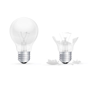 Whole and Broken Light Bulb on a White Background. Vector