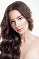 Fototapeta premium Beautiful natural sensual woman posing looking at camera with lo