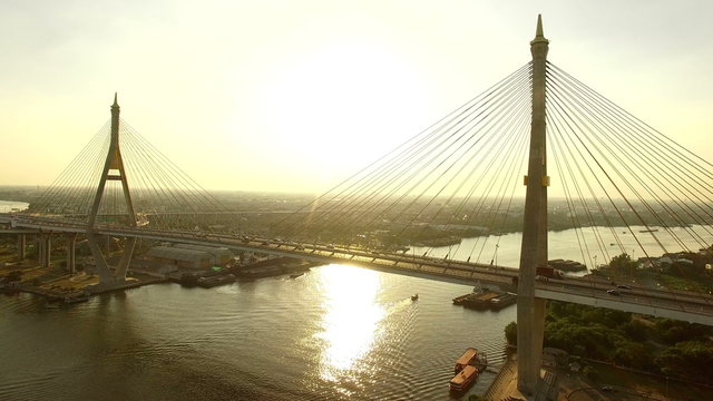 aerial view of bhumibol 1,2 bridge in heart of  bangkok thailand