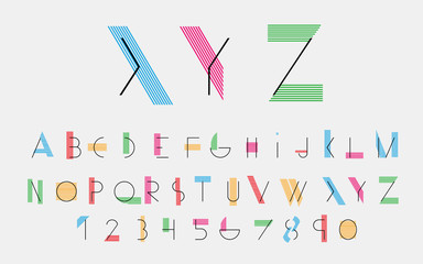 Black alphabetic fonts and numbers with color lines.