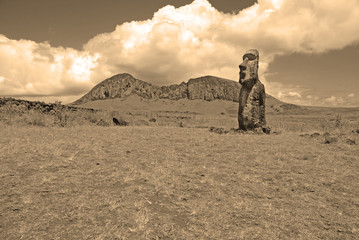 Moai Stone Statues at Rapa Nui - Easter Island, Polynesia, Chile, sepia toning