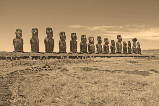Moai Stone Statues at Rapa Nui - Easter Island, Polynesia, Chile, sepia toning