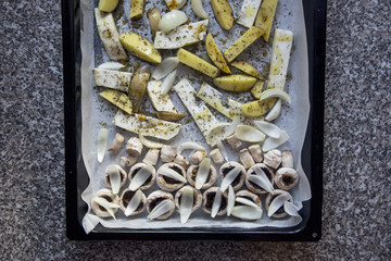 sliced celery, potato, onion and mushrooms prepared for baking