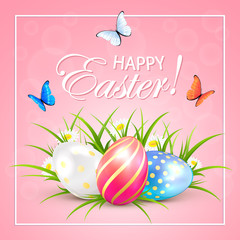 Easter eggs and butterflies on pink background