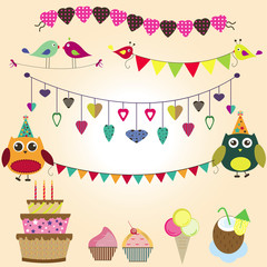 set of elements birthday with owls
