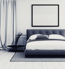 Stylish grey and white bedroom interior