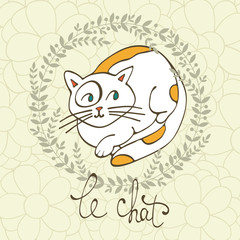 Cute cat character illustration with french lettering of cat word , Le Chat means cat in French