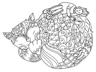 Hand drawn doodle outline cat sleeping with men decorated with ornaments.Vector zentangle illustration.Floral ornament.Sketch for tattoo or coloring pages.Boho style.