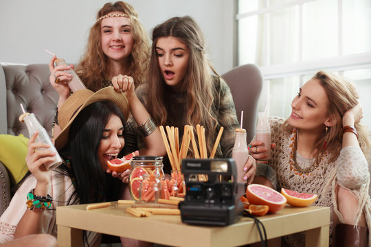 Four Boho Style Girls At Home Party